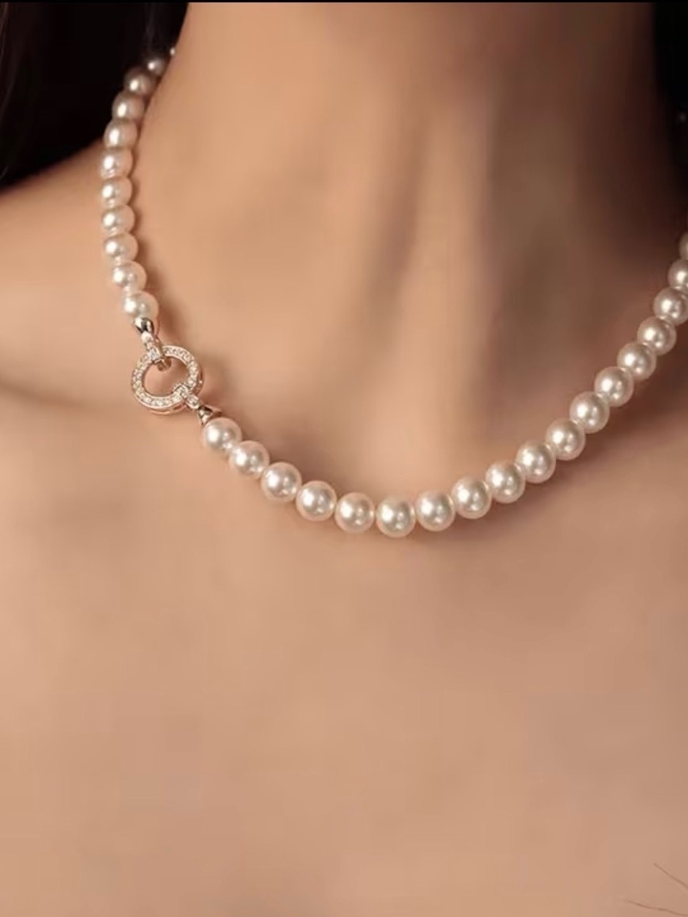Lustrous White Pearl Necklace with Pave Circle Accent